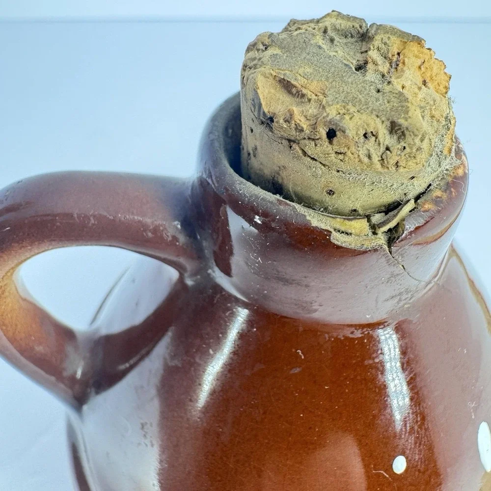 Vintage Mini Stoneware Maple Syrup Jug Cork Stopper Brown Cream‎ USA Pottery
